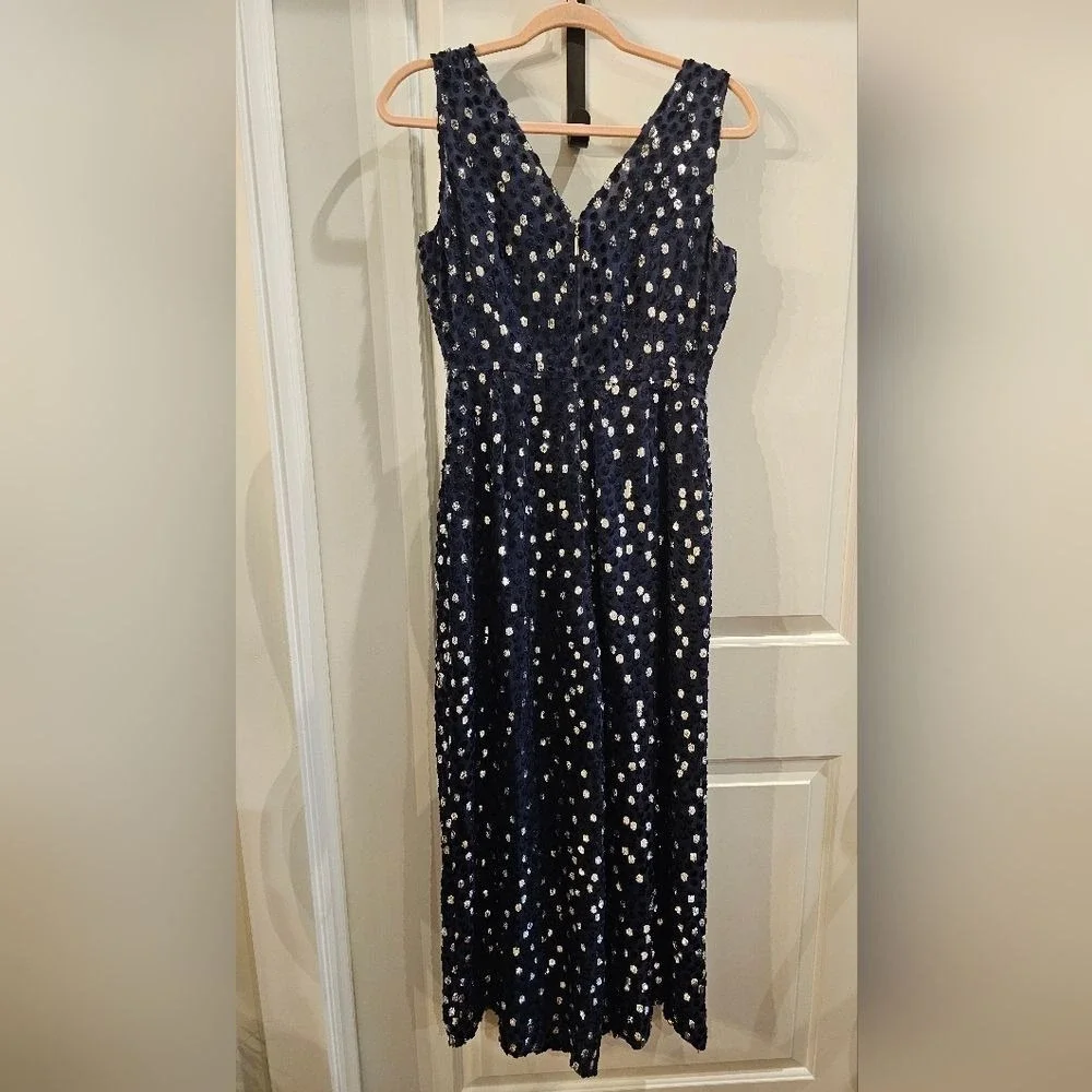 KATE SPADE NY‎ Women's 4 Navy/Silver Scatter Dot Silk Velvet Burnout Jumpsuit